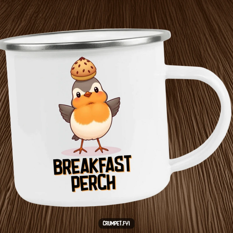 Funny proud robin balancing a scone on its head on an enamel camping mug, British bird design.