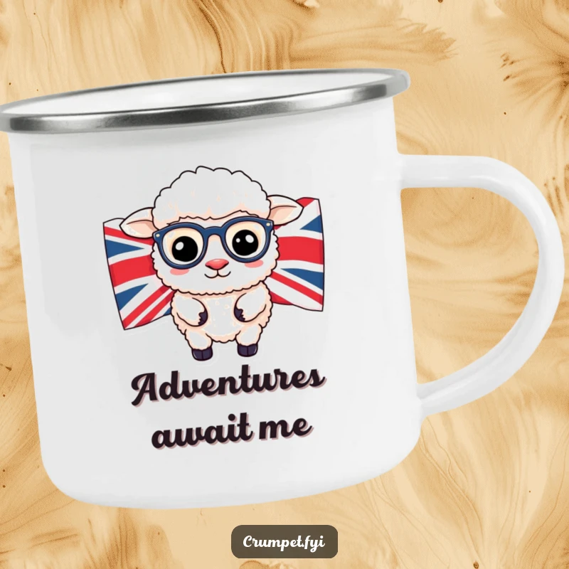 Funny British sheep with spectacles peeking from Union Jack flag on an enamel camping mug.