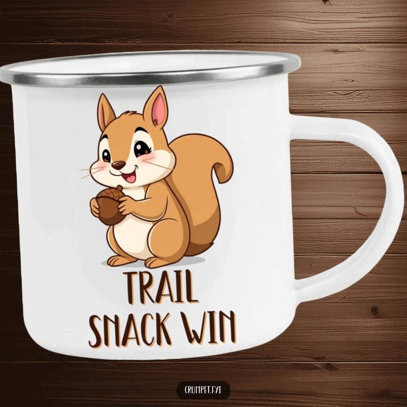 Funny squirrel camping mug showing a happy squirrel with an acorn and a thumbs up, ideal for outdoor enjoyment.