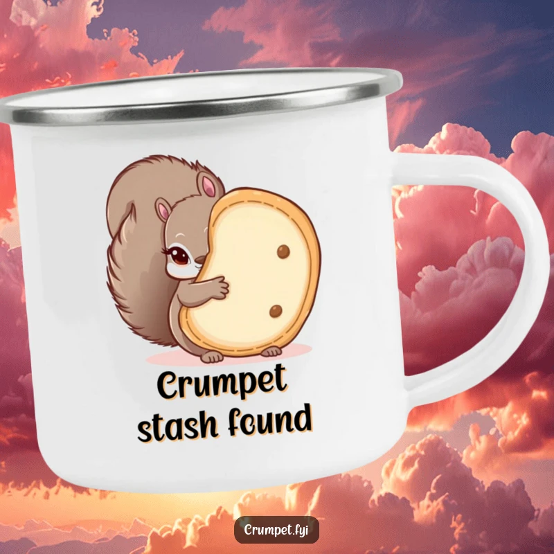 Funny enamel camping mug featuring a mischievous squirrel peeking from behind a crumpet, durable and humorous for outdoor use.