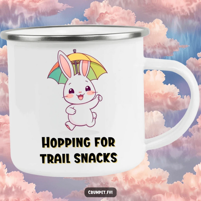 Funny rabbit camping mug, enamel mug, happy animal hopping with biscuit, outdoor gear, humorous gift for adventurers.