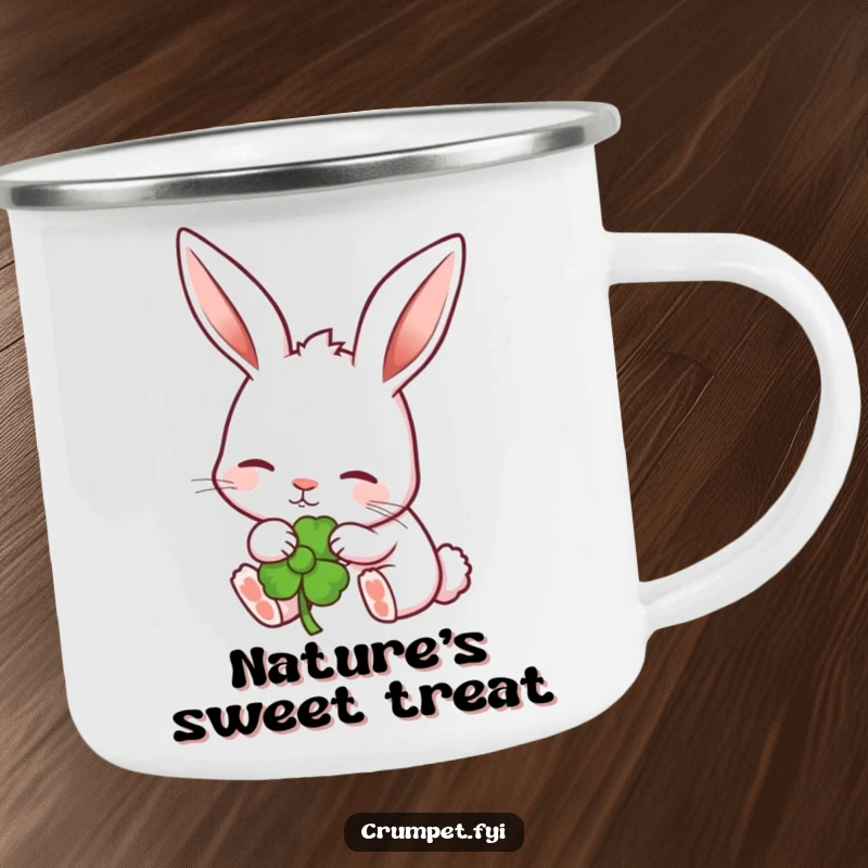 Funny rabbit with perked ears nibbling a garden flower on a durable camping mug. A charming funny gift.