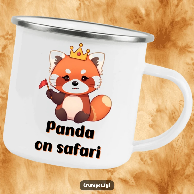 Funny red panda camping mug displaying a cute red panda wearing a tiny crown and waving a small flag, ready for exploration.
