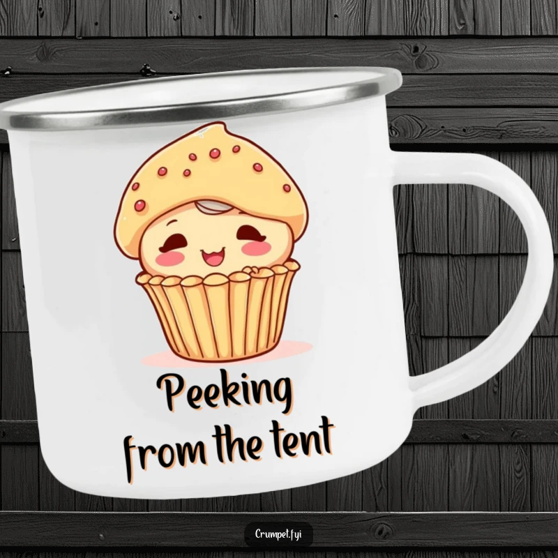 Funny playful muffin character peeking out from behind another pastry on a durable camping mug, for cheerful outdoor experiences.