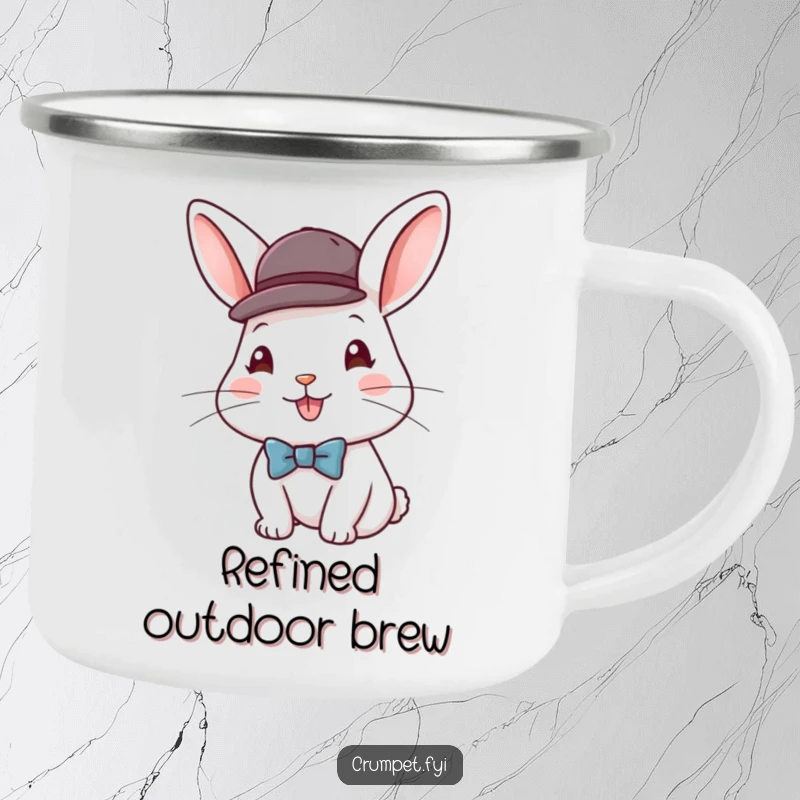 Funny enamel camping mug featuring a happy rabbit wearing a bowler hat and bow tie, durable and stylish for outdoor use.
