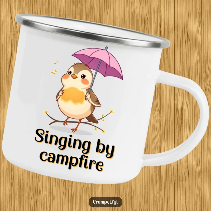 Funny Camping Mug with a cheerful robin holding an umbrella, singing a tune, perfect for outdoor humor.