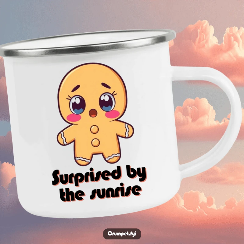 Funny gingerbread man character with wide, shocked eyes on a durable camping mug, for astonishing outdoor experiences.
