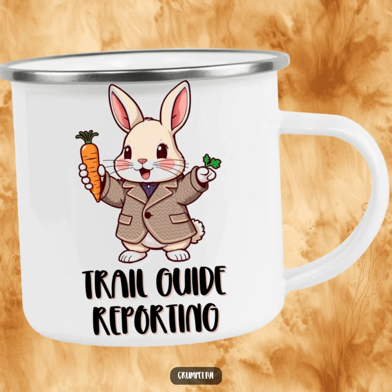 Funny rabbit camping mug showing a rabbit in a tweed jacket pointing with a carrot, ideal for outdoor fun gift.