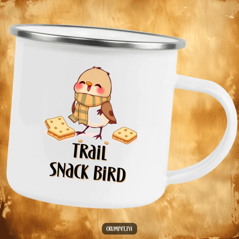 Funny Camping Mug: A jubilant robin wearing a scarf happily pecks at a biscuit.