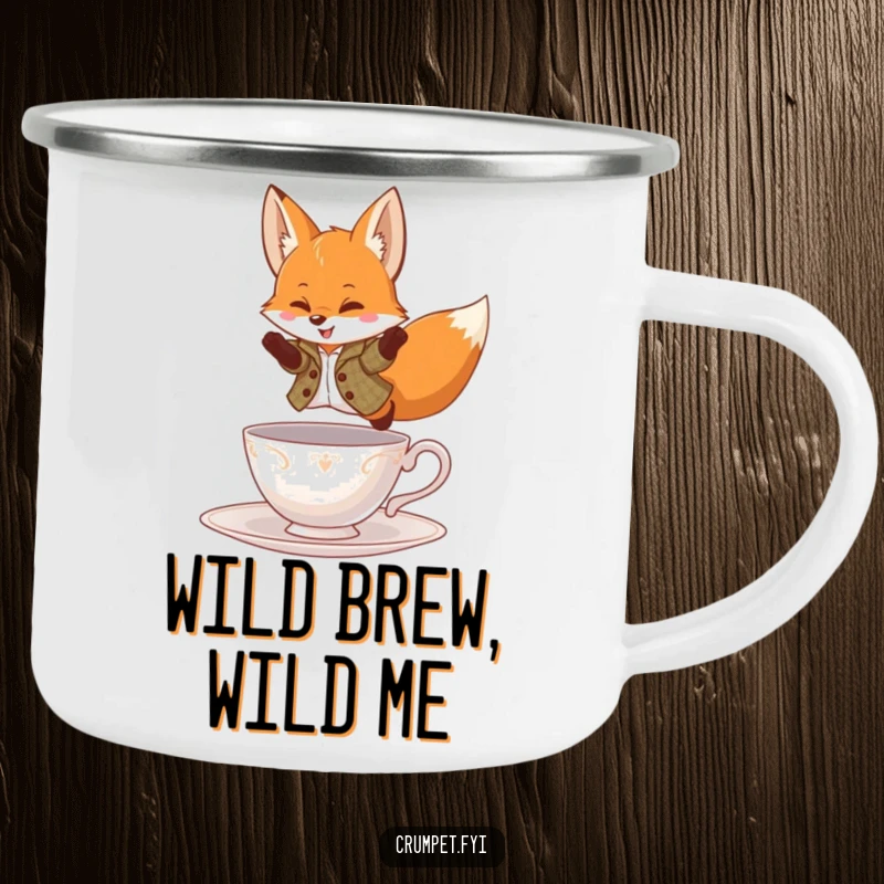 Funny Camping Mug with a playful fox in a tweed jacket, leaping over a teacup, perfect for outdoor humor.