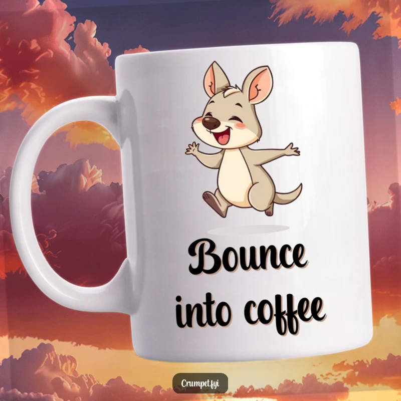 Funny wallaby mug featuring a giggling wallaby hopping energetically. A humorous and joyful gift for animal enthusiasts.