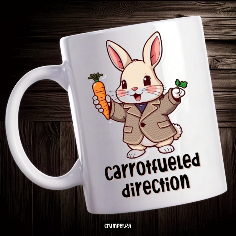 Funny rabbit mug with a rabbit in a tweed jacket enthusiastically pointing with a carrot, perfect whimsical gift.