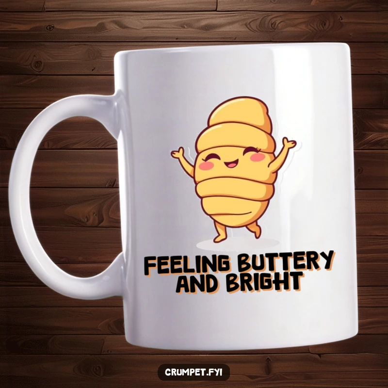 Funny croissant character mug showcasing a happy pastry doing a silly dance, radiating breakfast joy and humor, perfect funny gift.