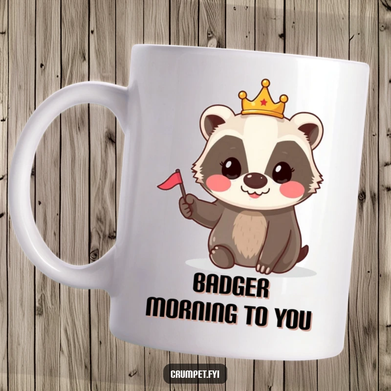 Funny Badger Crown Flag Mug: A smiling badger wearing a tiny crown proudly waves a small flag, embodying cheerful royalty.