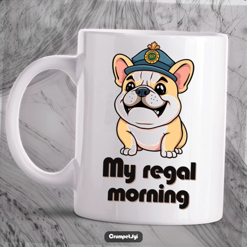 Funny Mug: A happy bulldog proudly wears a ceremonial hat, striking a confident and regal pose.