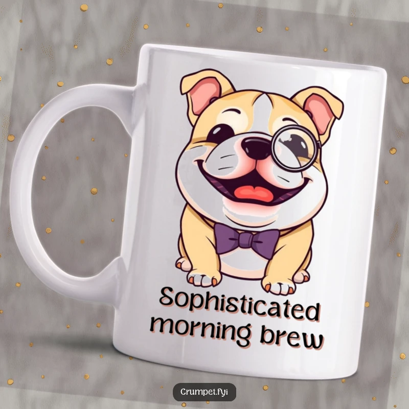 Funny Bulldog Mug: A joyful bulldog sports a tiny monocle and bow tie, exuding dapper charm and a fantastic funny gift.