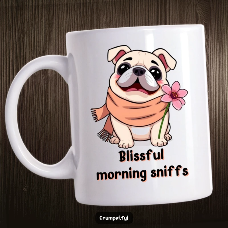 Funny Mug with a content bulldog wearing a cozy scarf, happily sniffing a vibrant flower, radiating warmth and canine cuteness.