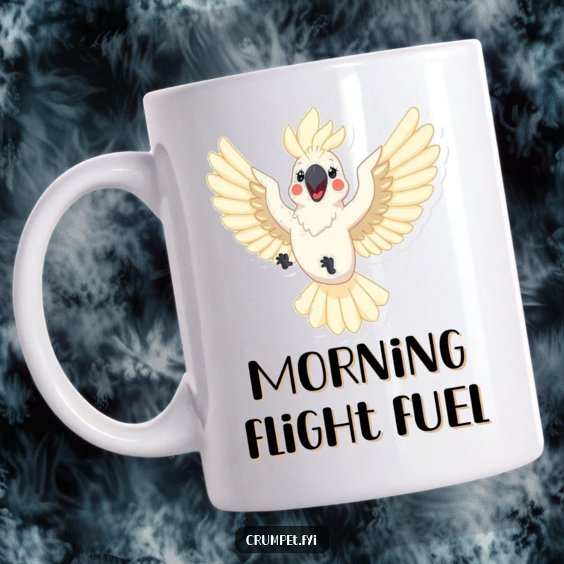 Funny cockatoo mug featuring a happy cockatoo flying with outstretched wings, radiating joy. A humorous gift for bird enthusiasts.