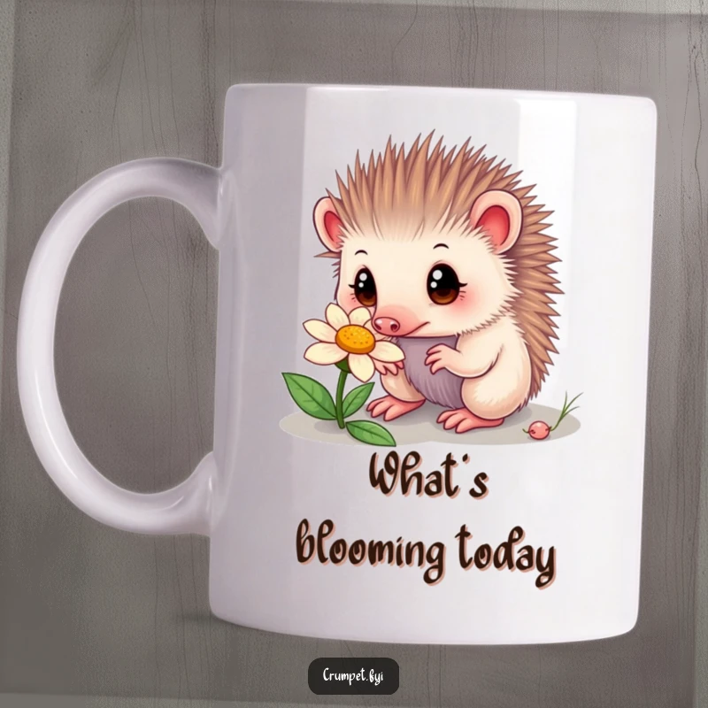 Funny echidna mug featuring a curious echidna with wide eyes sniffing a flower. A charming and humorous gift for nature lovers.