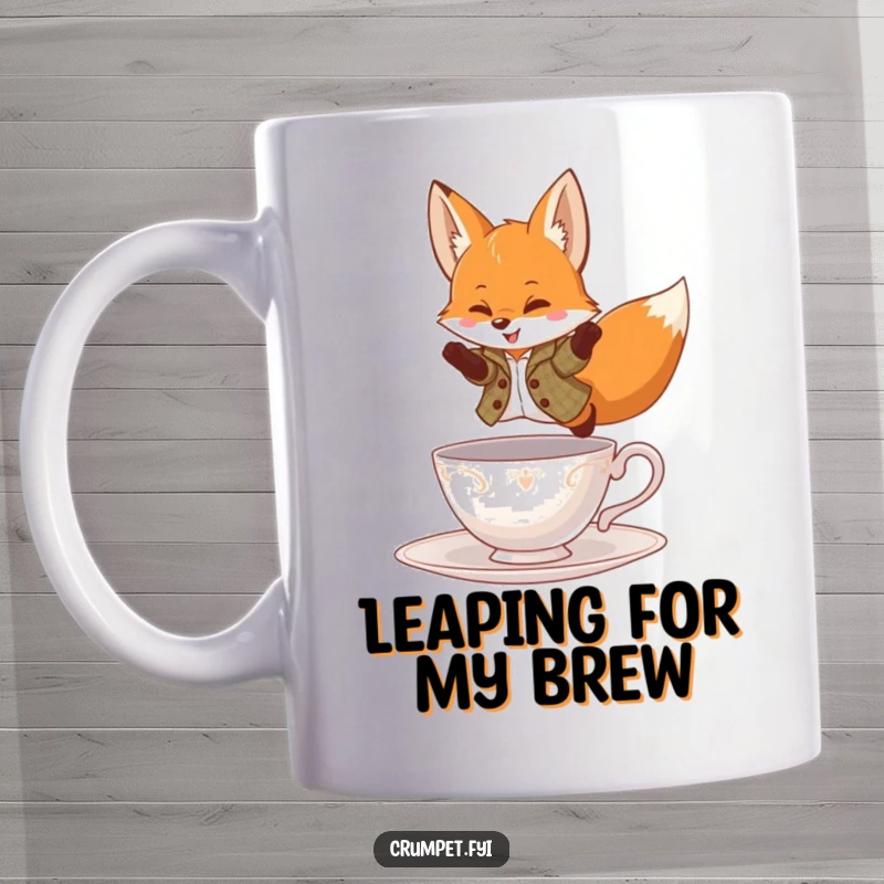 Funny Mug featuring a playful fox in a tweed jacket, courageously leaping over a teacup, exuding dapper fun.