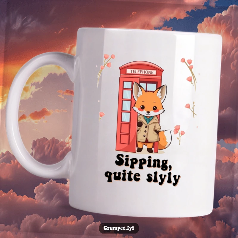 Funny Fox Mug: A cute fox in a tweed jacket peeks from behind a red telephone box, embodying playful curiosity and British charm.
