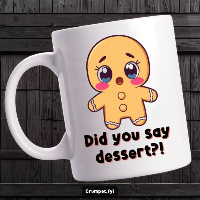 Funny gingerbread man character with wide, shocked eyes on a mug, depicting utter surprise and disbelief.