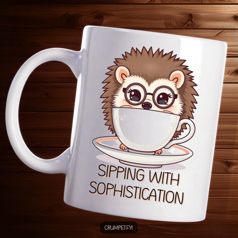 Funny hedgehog mug with a sophisticated hedgehog wearing a monocle, peeking from behind a teacup, perfect tea lover gift.
