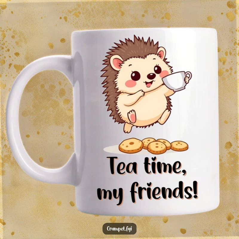 Funny Hedgehog Mug: A cheerful hedgehog holding a teacup leaps over biscuits, bringing a humorous and delightful touch to your drink.