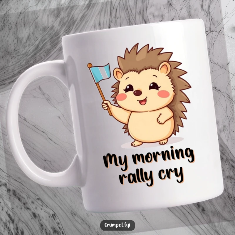Funny mug featuring a cheerful hedgehog with a miniature flag, smiling brightly, perfect for a happy gift.