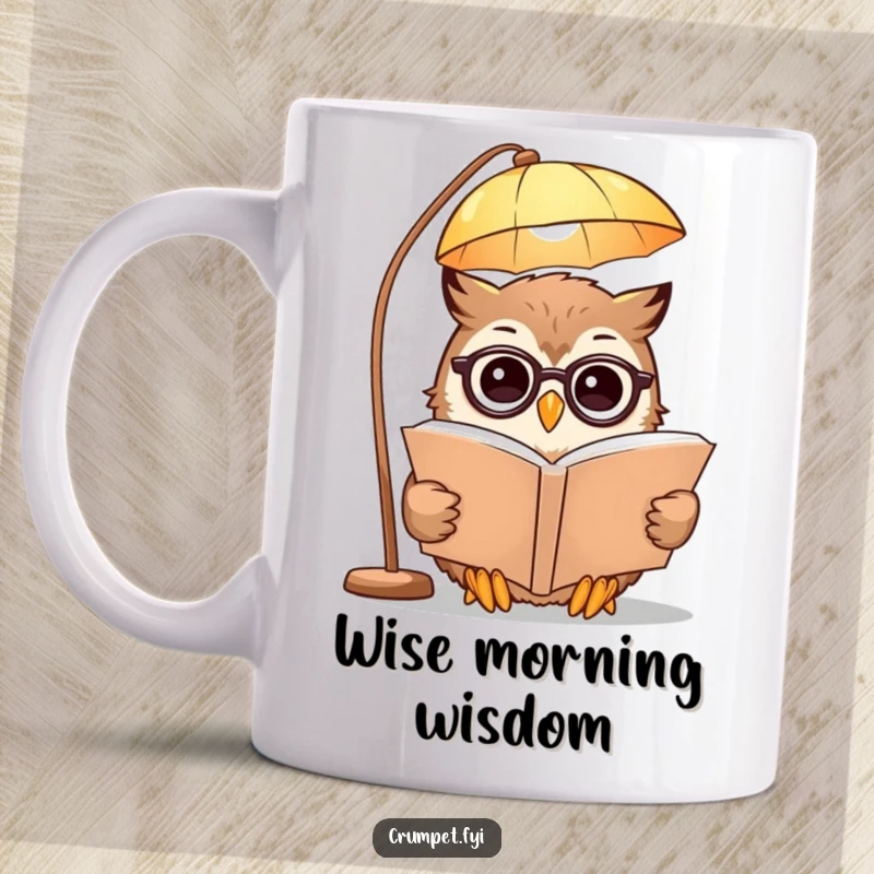 Funny Mug with a smiling owl wearing spectacles, diligently reading a large book under a lamp, embodying wisdom and a love for literature.