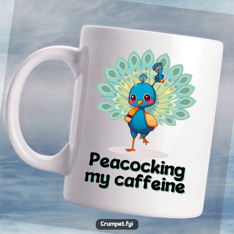 Funny Peacock Mug: A strutting peacock proudly displays its vibrant tail feathers, a symbol of confidence and a great funny gift.