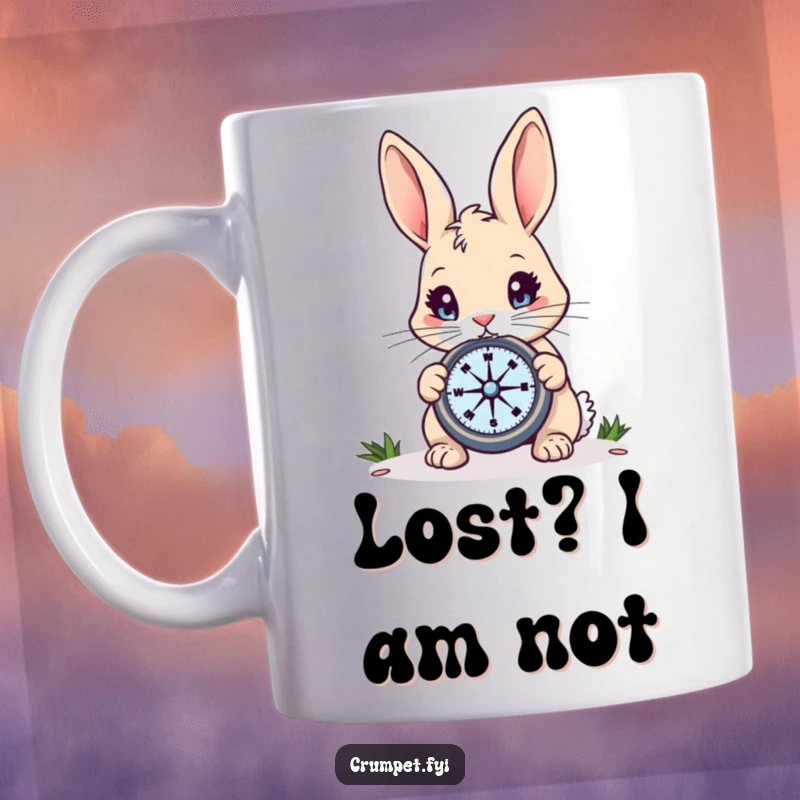 Funny Rabbit Mug: A curious rabbit with bright eyes intently examines a compass, symbolizing exploration and a funny gift for adventurers.