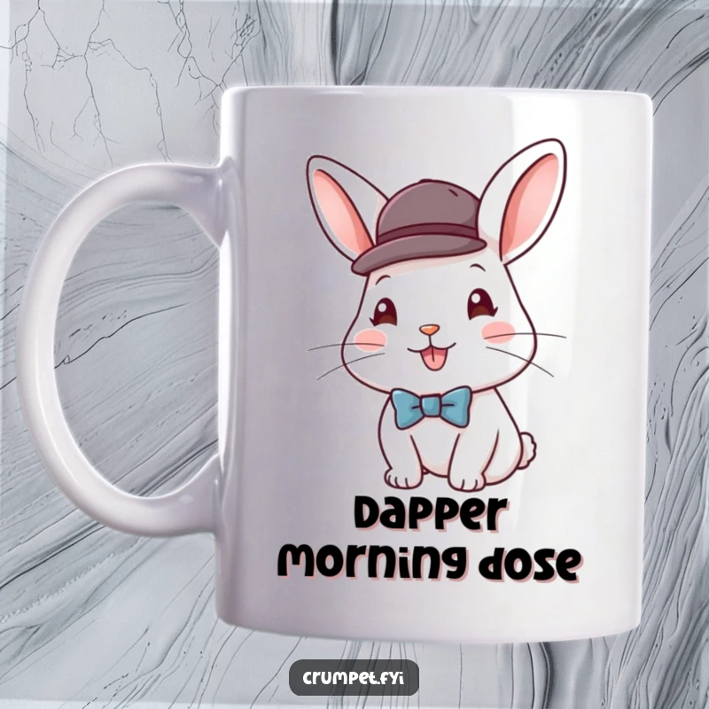 Funny mug featuring a happy rabbit sporting a tiny bowler hat and a distinguished bow tie, exuding dapper charm.