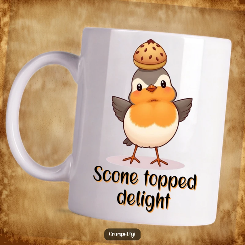 Funny proud robin puffing out its chest while balancing a scone on its head, British bird mug.