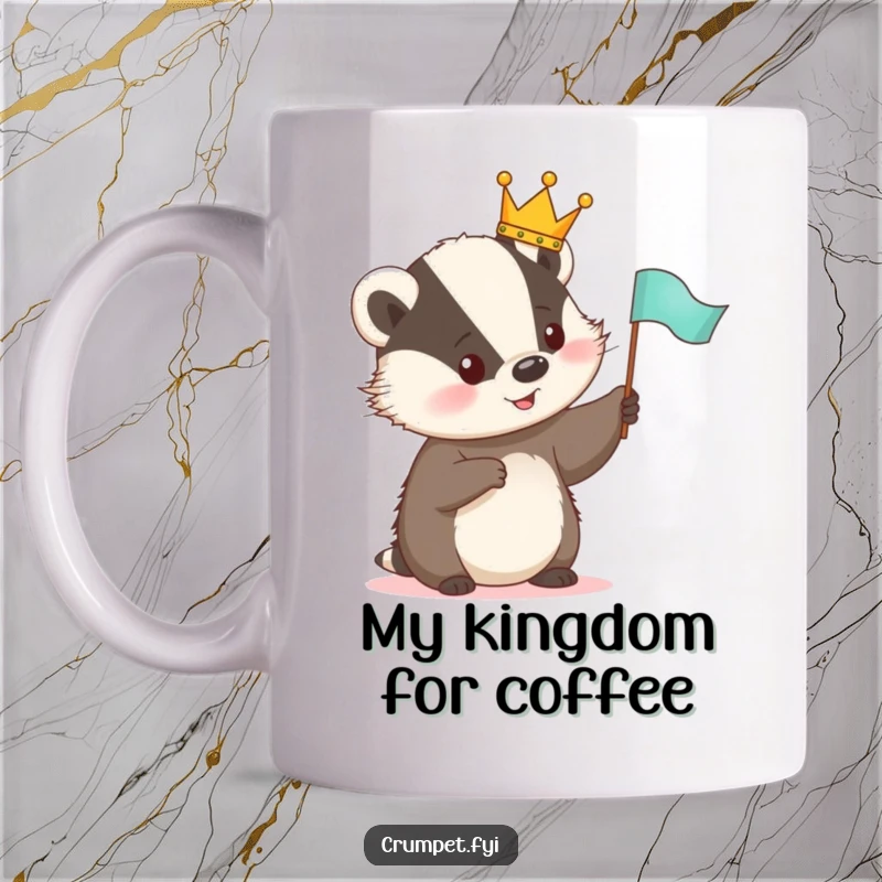 Funny Mug featuring a cute badger wearing a tiny crown, happily waving a small flag, exuding regal charm and joy.