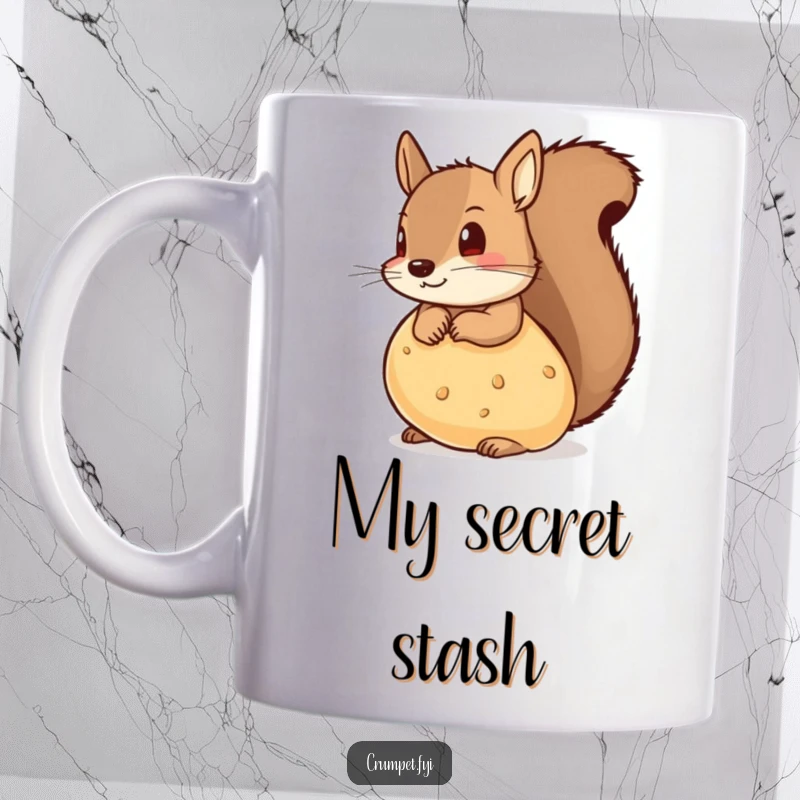 Funny mug featuring a cute, mischievous squirrel peeking out from behind a large, golden-brown crumpet.