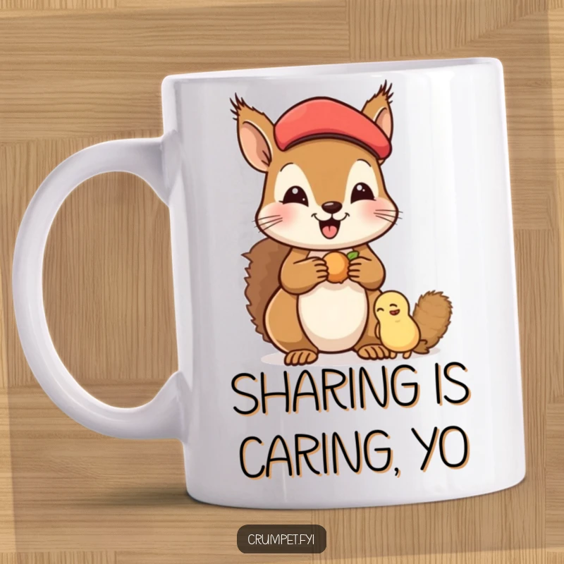 Funny Mug with a happy squirrel in a beret, kindly sharing nuts with a friend, symbolizing generosity and cute camaraderie.