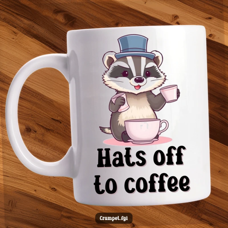 Funny Badger Mug with a dapper badger wearing a small top hat, skillfully juggling delicate teacups with a focused expression.