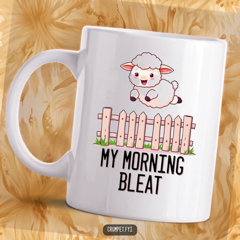 Funny sheep mug featuring a fluffy sheep mid-leap over a white picket fence, conveying pure, jump-for-joy happiness.