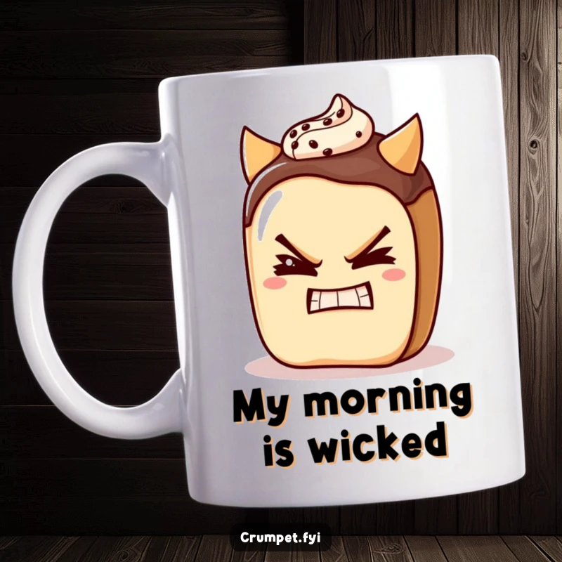 Funny pain au chocolat character winking and grinning devilishly on a mug, radiating charming mischief.