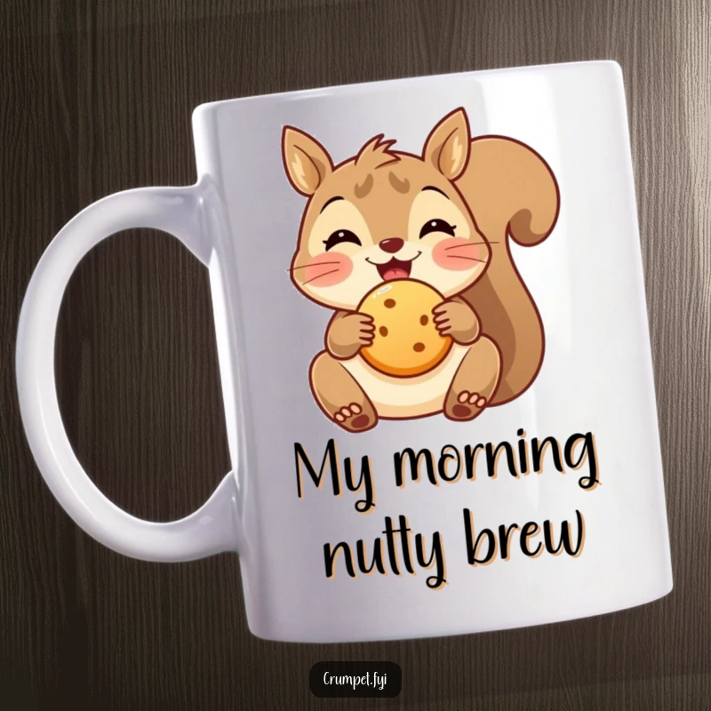 Funny delighted squirrel mug holding a round biscuit, capturing a moment of pure snack-time joy and cuteness.