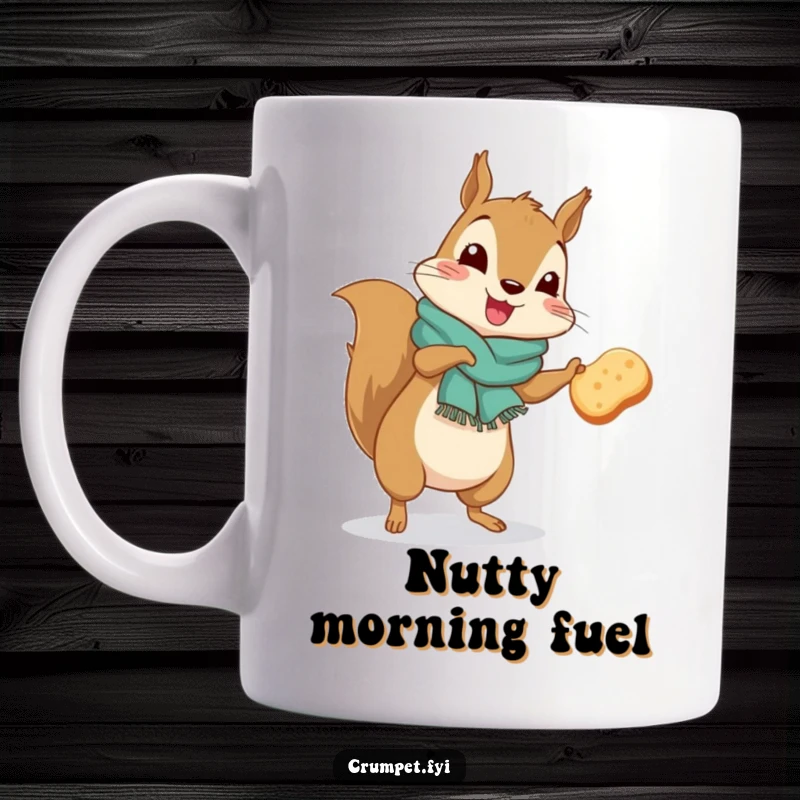 Funny squirrel wearing a scarf doing a silly jig while holding a crumpet, whimsical mug.