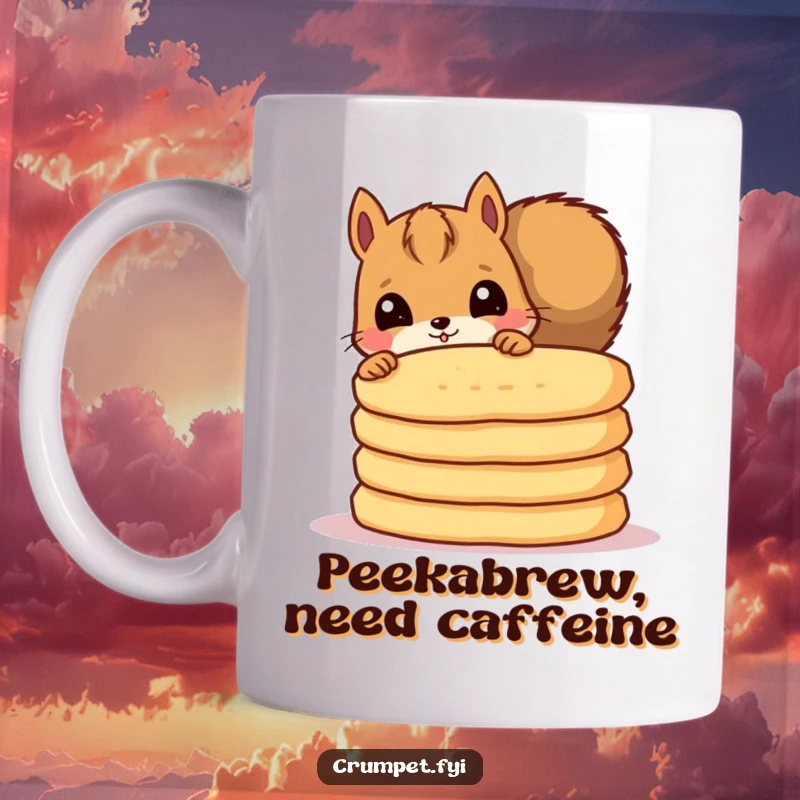 Funny mug featuring a curious squirrel peeking from behind a stack of crumpets, a delightful snack-themed gift.