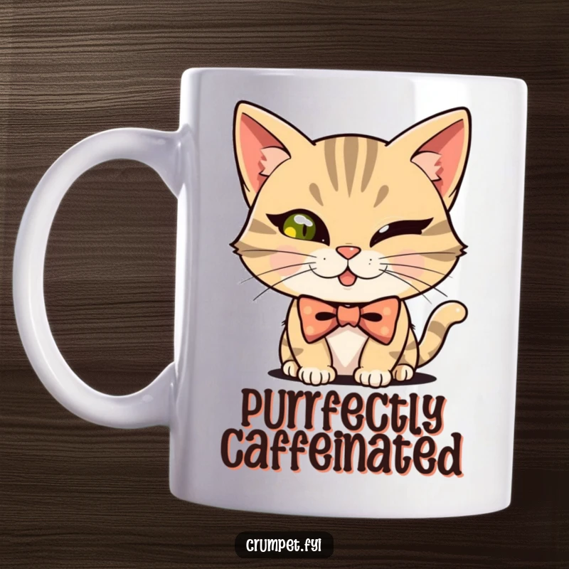 Funny mischievous cat wearing a bowtie, winking playfully on a mug, a purrfectly funny gift.