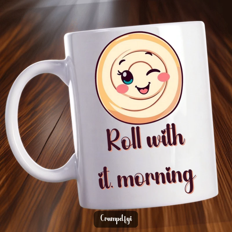 Funny Cinnamon Roll Mug with a smiling character playfully winking, exuding sweet charm and a hint of mischief.