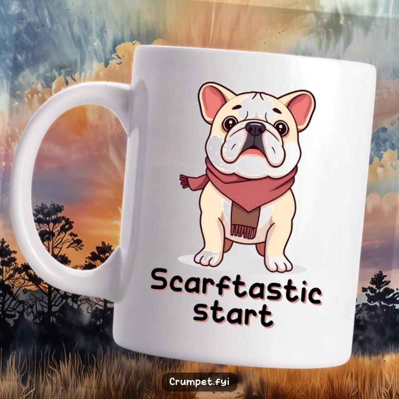 Funny proud bulldog wearing a scarf, standing tall and dignified on a mug, a bold funny gift.
