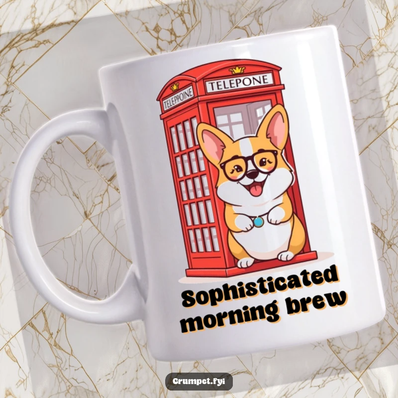 Funny Mug: Delighted corgi wearing a monocle winks cheekily beside a classic red London telephone box.