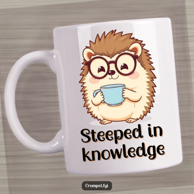 Funny hedgehog wearing spectacles, holding a steaming teacup, on a delightful mug. A cozy funny gift.