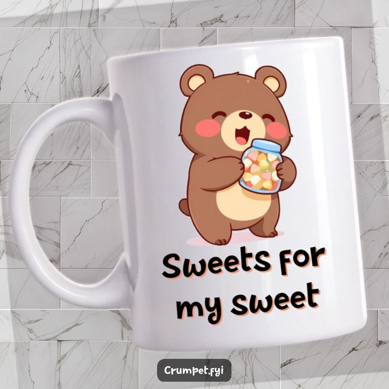 Funny bear mug, stout character holding sweets jar, enthusiastic animal cartoon, whimsical treat lover gift, unique present.