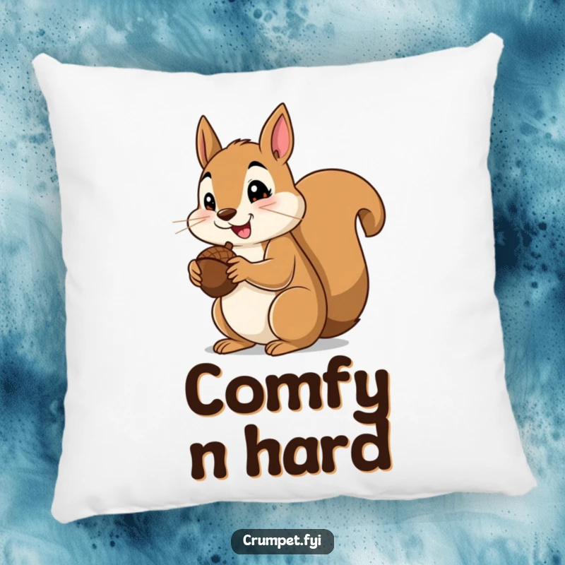 Funny squirrel pillow showcasing a contented squirrel giving a thumbs up while eating an acorn, offering comfort and joy.